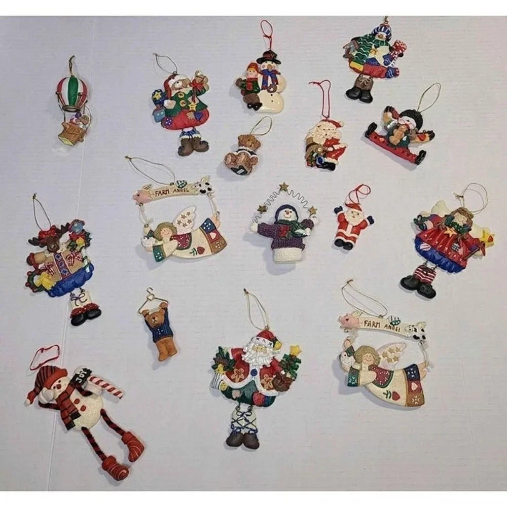 Christmas Ornaments Group of 26 Wood Fabric Ceramic Colorful Variety
